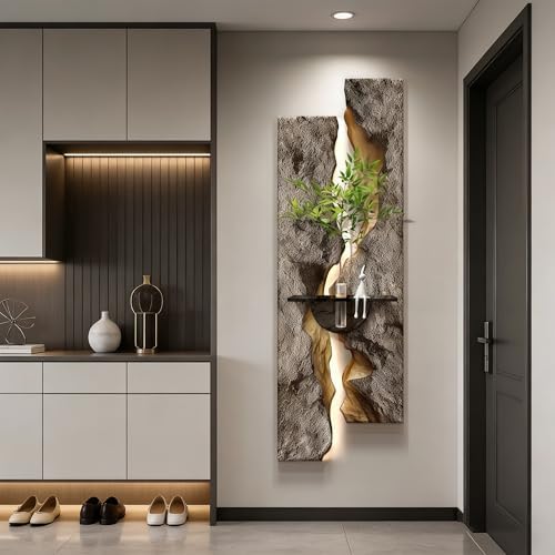 3D Textured Sandstone Wall Art with LED Light and Hydroponic Vase, Modern Framed Abstract Sculpture Wall Decor for Living Room Bedroom for Apartment Office Entryway(Brown-A,35x100cm (13.8x39.4in)) - Image 2