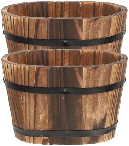 2pcs Rustic Wood Barrel Planters for Indoor Plants and Vegetables by BESPORTBLE