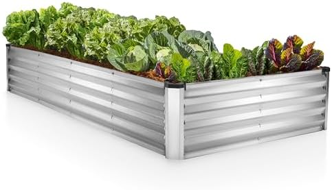 Plant & Plot Galvanized Raised Garden Beds Outdoor // 8×4×1 ft Planter Raised Beds for Gardening, Vegetables, Flowers (Silver) // Large Metal Garden Box // Patented Tool-Free Design by PlantPlot