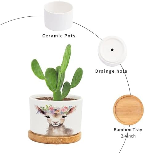 Baby Goat Flower Crown Planter Ceramic Farm Animals House Round Flower Pot with Drainage Holes and Bamboo Tray Pot for Home Desktop Office Windowsill - Image 3