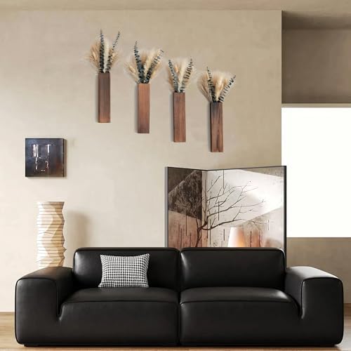 Wall Vase Set of 4 – Wooden Hanging Vases with Pampas Grass & Eucalyptus Dried Flowers – Modern Farmhouse Home Decor for Living Room, Entryway, Bathroom, Hallway & Dining Room - Image 7
