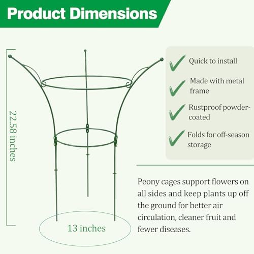 4 Pack Peony Cages and Supports Cages 13" D x 22.8" H Sturdy Metal Support Frame for Peonies & Roses Natural Bouquet Shape Garden Stakes for Outdoor Plants Flowers Ornamental (Green) - Image 2