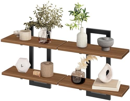 HOOBRO Floating Shelves, 15 Inch Wall Shelf Set of 2, Wall Mounted Storage Shelves 2-Tier, Hanging Bathroom Shelves, for Living Room, Bedroom, Bathroom, Kitchen, Walnut and Black BH32BJ01 - Image 5