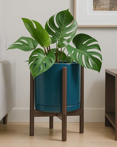 D'vine Dev Ceramic Pot with Walnut Wood Stand, Teal, 12 in, 55-B-W-4 - Image 6