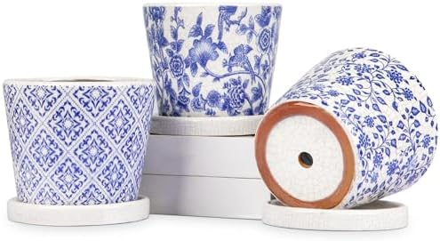 Set of 3 Decorative Plant Pots Blue and White Flower Pot, Round Ceramic Planters for Indoor Plants Pots with Drainage Hole Saucers, Retro Planter Pot for Succulents Cactus Outdoor Garden, 5.5/5.7 Inch by GnFlus