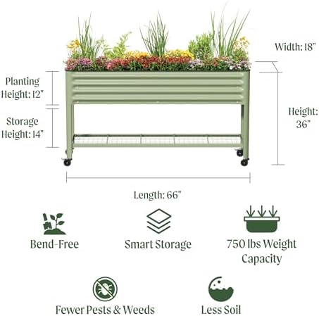 Vego garden Rolling Elevated Raised Garden Bed, 1.5' x 5.5' Outdoor Planters Boxes with Legs & Storage Rack for Patio, 750 Lbs Weight Capacity, Raised Beds for Gardening, Modern Gray - Image 2