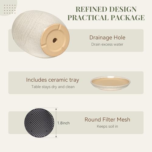 11.8 Inch Modern Ceramic Plant Pot with Saucer, Flower Pot with Drainage Hole Mesh Net,Indoor Outdoor Planter (Silk White) - Image 4
