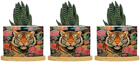 Animal Tiger Stripe Chinoiserie Ceramic Planters Orange and Coral Peony Flower Flower Pots for Indoor Plants with Drainage Holes and Saucers Pot for Home Office Decoration by BRUYU5SE