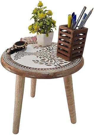 VANIYA CRAFTS® Wooden Engraved Fold-able Side Table/End Table/Plant Stand/Stool for Living Room Bedroom Restaurant Kids Play Furniture Table Round Shape (Natural White 3) - Image 2
