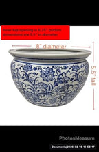 Oriental Lotus Flowers with Fern Design, Blue and White Ceramic Fish Bowl Planter Plant Pot No Drain Hole (8" Diameter x 5" Tall) - Image 5