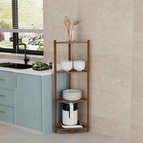 Wisuce Bamboo Small Corner Shelf Stand, 4-Tier Brown Corner Bookshelf - Image 6
