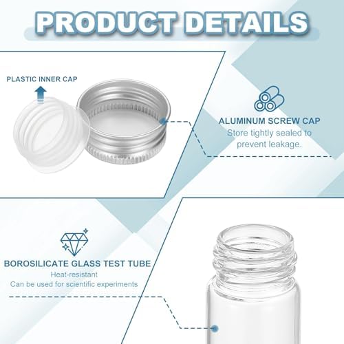 PATIKIL 80ml Test Tubes with Caps, 24Pcs 30x150mm Glass Clear Flat Bottom Test Tube Containers with Plastic Cap for Bead Party Candy Bath Salt Storage Scientific Experiment Plant(Silver) - Image 3