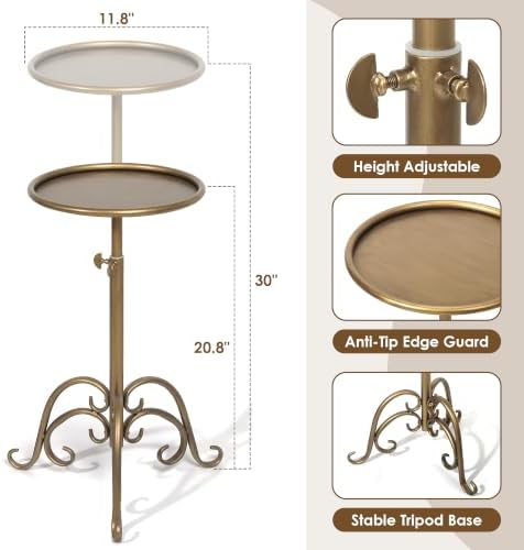 Adjustable-Height Metal Martini Cocktail Table, Vintage Bronze Small Round Drink Table with Decor Iron Legs, Antique Gold Pedestal Side Table for Small Spaces Bedroom Living Room - Image 3