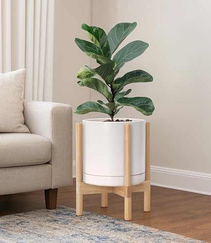 D'vine Dev Ceramic Pot with Natural Wood Stand, Oatmeal, 10 in, 55-B-K-8 - Image 2