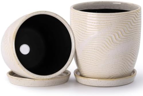 5.75 Inch Ceramic Planter Set of 2 with Drainage Hole and Saucer for Plants, Indoor-Outdoor Large Round Succulent Orchid Flower Pot -Reactive Color Spot(Inner-pots not Larger Than 5 Inch) by Unknown