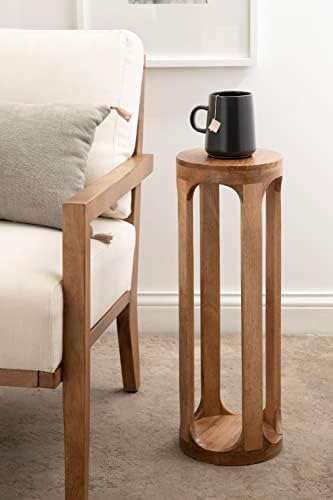 Kate and Laurel Dahl Wooden Round Drink Table; 8 x 23; Natural Brown; Transitional Boho Circle Wood Accent Pedestal Table for Living Room Plant Stand or Small Bedroom Nightstand - Image 2