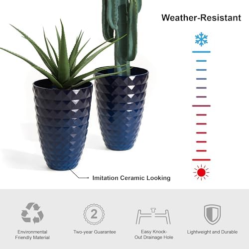 Glitzhome 19.75"H Tall Planters for Outdoor Plant,Tall Outdoor Planters with Drainage Holes,Faux Ceramic Diamond Textured,Large Gradient Cobalt Blue Planter Garden Flower Pots for Porch,Patio,Set of 2 - Image 3