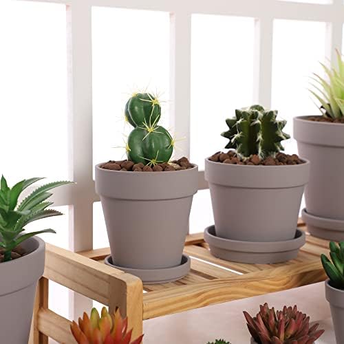 Yishang Terra Cotta Pots with Saucer/Ceramic Tray, 6-Pack Large Terracotta Pots 4.6'' Clay Ceramic Pottery Planter Cactus Flower Succulent Pot Drainage Hole - for Plants, Crafts (Grey) - Image 5