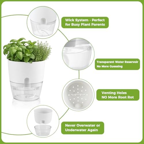 Planterhoma 5 Pack Self Watering Pots for Indoor Plants, 9 Inch Plant Pot Plastic Self Watering Planter for Orchid, Monstera, Lily, Large Clear Flower Pots with Drainage Holes and Wicking Rope, White - Image 6