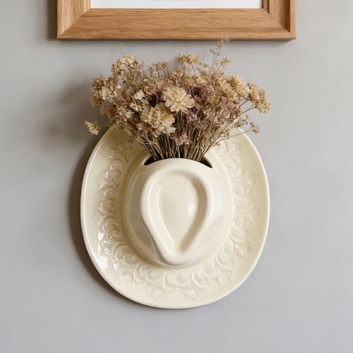 Ceramic Cowboy Hat Wall Vase - Handmade Hanging Flower Planter, Western Boho Room Decor & Coastal Cowgirl Aesthetic Wall Art for Home Decorations (Beige) by ASTARIKO
