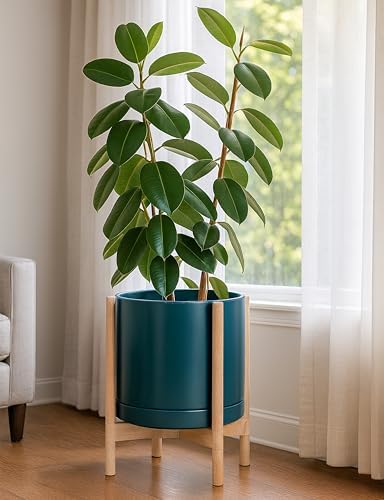 D'vine Dev Ceramic Pot with Natural Wood Stand, Teal, 14 in, 55-B-R-4 - Image 7