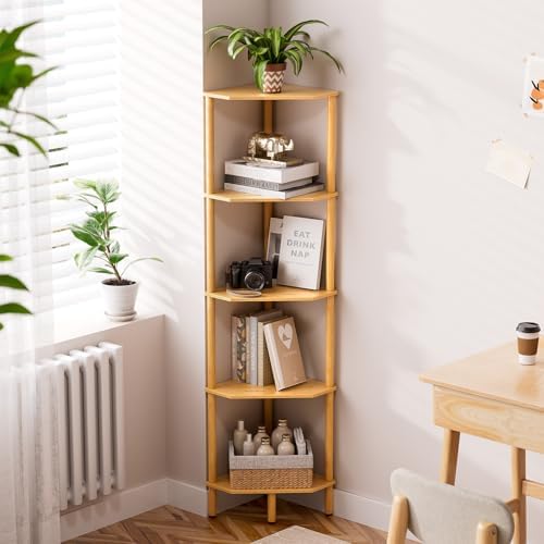 Corner Shelf, 5 Tier Bamboo Corner Bookshelf, 54" Tall Narrow Bookcase, Plant Stand, Corner Display Rack, Shower Caddy, Display Standing Shelf Organizer for Bedroom, Living Room, Kitchen, Apartment by Atoping