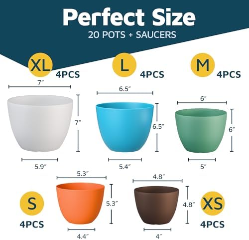 Multicolor Plant Pots with Drainage Holes & Saucers 20 Pack, Indoor & Outdoor Stackable Space-Saving Planters for Houseplants & Flowers, (7", 6.7", 6", 5.3", and 4.8" Inches), Durable & Weatherproof - Image 2