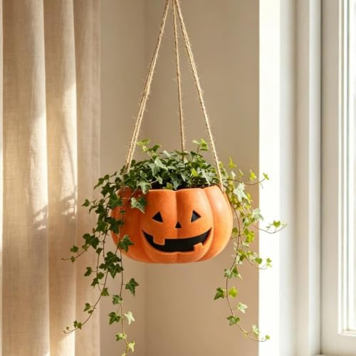 Pumpkin Swing Flower Planter Hanging, Pumpkin Planters Outdoor, Halloween Pumpkin Ceramic Hanging Planter, Unique Sitting Swinging Plants, Entryway Patio Pumpkin Planter Rope Flower，3 - Image 5