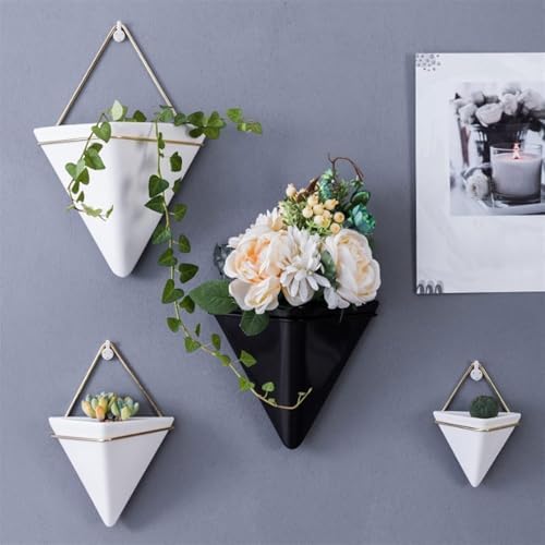 White,M,Wall Planters for Indoor Plants, Geometric Hanging Flower Vase Vessel with Metal Hanger, Creative Wall-Mounted Ceramic Planter - Image 3