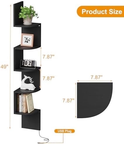 Qupui 5-Tier Corner Shelf with LED, 49" Floating Wall Shelf, Black - Image 2