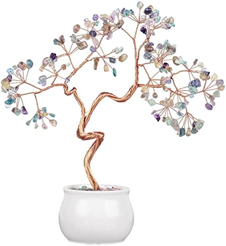 Amogeeli Healing Fluorite Crystal Copper Money Tree with Ceramic Pot, Handmade Stone Bonsai Luck Tree for Fengshui Home Desk Decor by Amogeeli