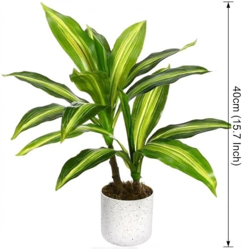 Dracaena & Fiddle Leaf Fig Artificial Plant Set – Realistic Faux Greenery in White Pot, Decorative Fake Potted Plants for Modern Home & Office, 40cm, Set of 2 – Specs: Two-pronged Yellow - Image 4
