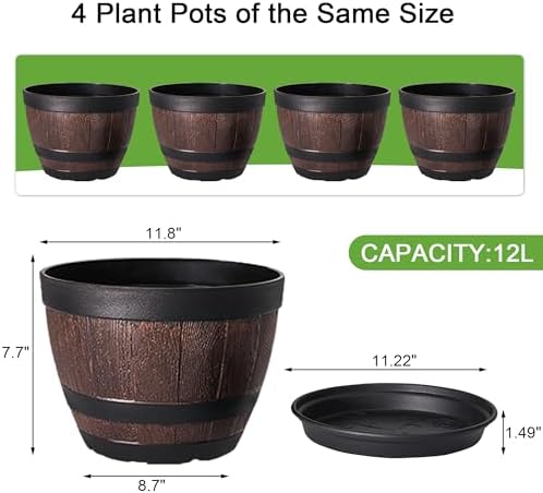 VECELO Plant Pots with Drainage Holes & Saucer, 11.3 Inch Flower Pots with Tray, 4 Pack Plastic Whiskey Barrel Planters for Indoor & Outdoor Garden Home Plants and Flowers - Image 7