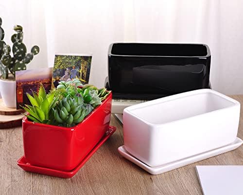 VanEnjoy 10 Inch White Rectangle Ceramic Succulent Planter Pot Decorative Cactus Plant Pot Flower Container with Ceramic Tray - Image 5