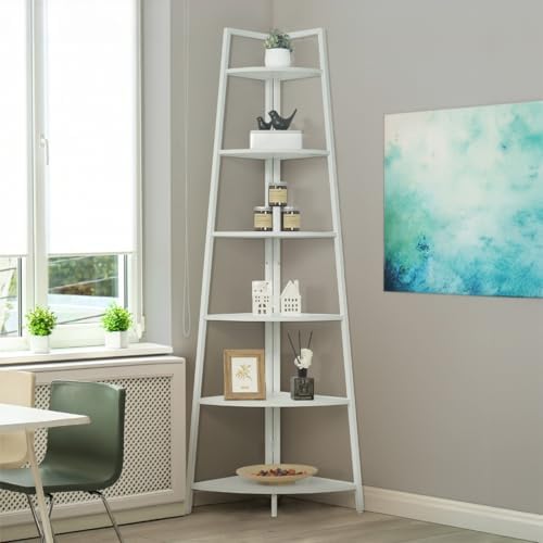 CAPHAUS 6-Tier Corner Shelf Stand, Tall Display Shelves, Ladder Corner Wood Storage Plant Bookshelf with Metal Frame, Versatile Shelving Unit Bookcase for Home Office Space, White by CAPHAUS