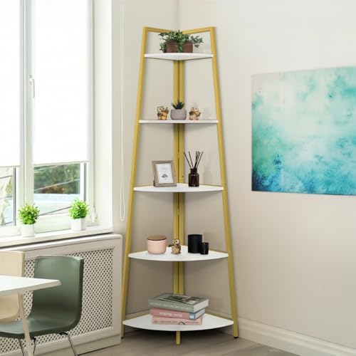CAPHAUS 5-Tier Corner Shelf Stand, Tall Display Shelves, Ladder Corner Wood Storage Plant Bookshelf with Metal Frame, Versatile Shelving Unit Bookcase for Home Office Space, Gold by CAPHAUS