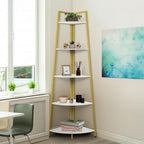 CAPHAUS 5-Tier Corner Shelf Stand, Tall Display Shelves, Ladder Corner Wood Storage Plant Bookshelf with Metal Frame, Versatile Shelving Unit Bookcase for Home Office Space, Gold by CAPHAUS