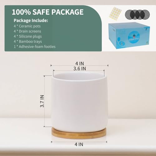 4 Inch White Ceramic Plant Pots with Drainage Holes, Adorable Flower Planter Pot with Tray for Indoor Succulent Plants, Snake Plants, Cactus & Herbs, Set of 4 (Plant Not Included) - Image 3
