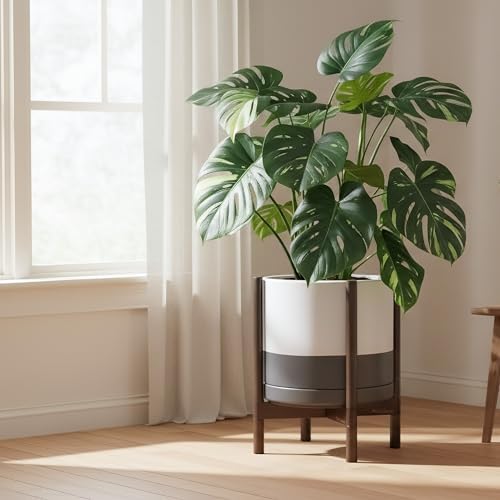D'vine Dev Ceramic Pot with Walnut Wood Stand, White/Grey, 14 in, 55-B-T-6 - Image 4
