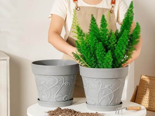 Melphoe Plant Pots Indoor with Drainage & Saucer, 2Pack 10 inch Flower Pots Outdoor Planters for Indoor Plants Garden Home Decor Cactus Succulent, Rigid Plastic (Imitation-Terracotta) Vine-Embossed - Image 4