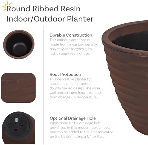 Sunnydaze Ribbed 13-Inch Double-Walled Outdoor Plant Pot - Rust - Image 2