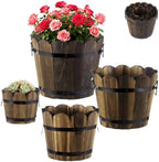 4 PCS Wooden Whiskey Barrel Planters, Wavy Edge Rustic Bucket Flower Pots with Metal Handles, Round Garden Accessory for Succulents Flowers Veggies, Outdoor Indoor Home Porch Yard Container by Unknown