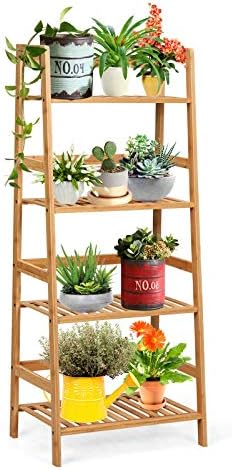 GIANTEX 4-Tier Ladder Shelf Plant Stand, Bamboo Plant Shelf, Natural by Giantex