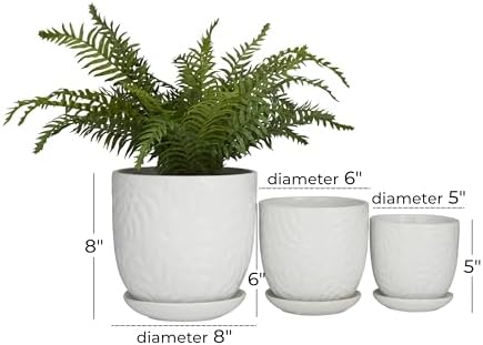 Deco 79 Porcelain Ceramic Indoor Outdoor Planter Leaf Patterned Small Planter Pot with Attached Saucer, Set of 3 Planters 8", 6", 5" H, White - Image 6