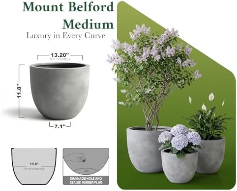 DTY Mount Belford 14.6'' D x 12'' H (Pot Opening 13.2") Fiberstone Egg Shaped Planter with Drainage Hole, Smooth Finishes, Weather Resistant for Indoor and Outdoor, 2 Extra Coco Mats - Medium, Gray - Image 7