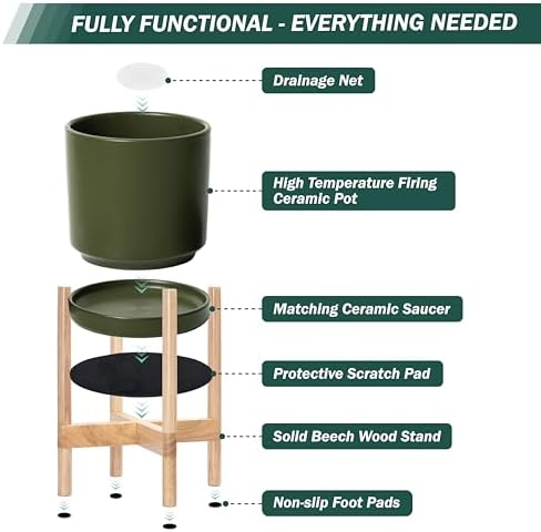 D'vine Dev Ceramic Pot with Natural Wood Stand, Olive, 10 in, 55-B-K-J - Image 5