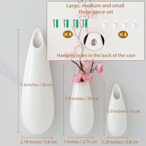 White Ceramic Wall Vases, Set of 2, 12 Inch, Teardrop Design - Image 2
