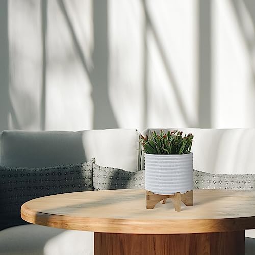 Ceramic Planter with Bamboo Stand – Modern Home Decor Indoor Plant Pot with Textured Stoneware Design – Decorative Planter with Legs for Living Room, Bedroom, Office, Patio, or Garden - 8", White - Image 2