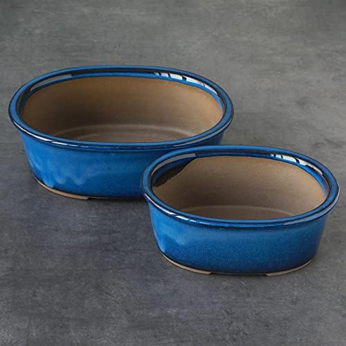 Wazakura Banko Series 2 PCS Blue Bonsai Pot Set with Drainage Holes, Made in Japan Ceramic Garden Planter Pack, Handmade Glazed Houseplant Bowl - Image 4