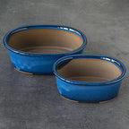 Wazakura Banko Series 2 PCS Blue Bonsai Pot Set with Drainage Holes, Made in Japan Ceramic Garden Planter Pack, Handmade Glazed Houseplant Bowl - Image 4